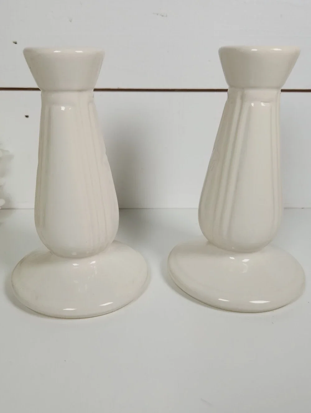 Vintage Pair of White Ceramic Pottery Candlestick Holders,  Art Deco Design